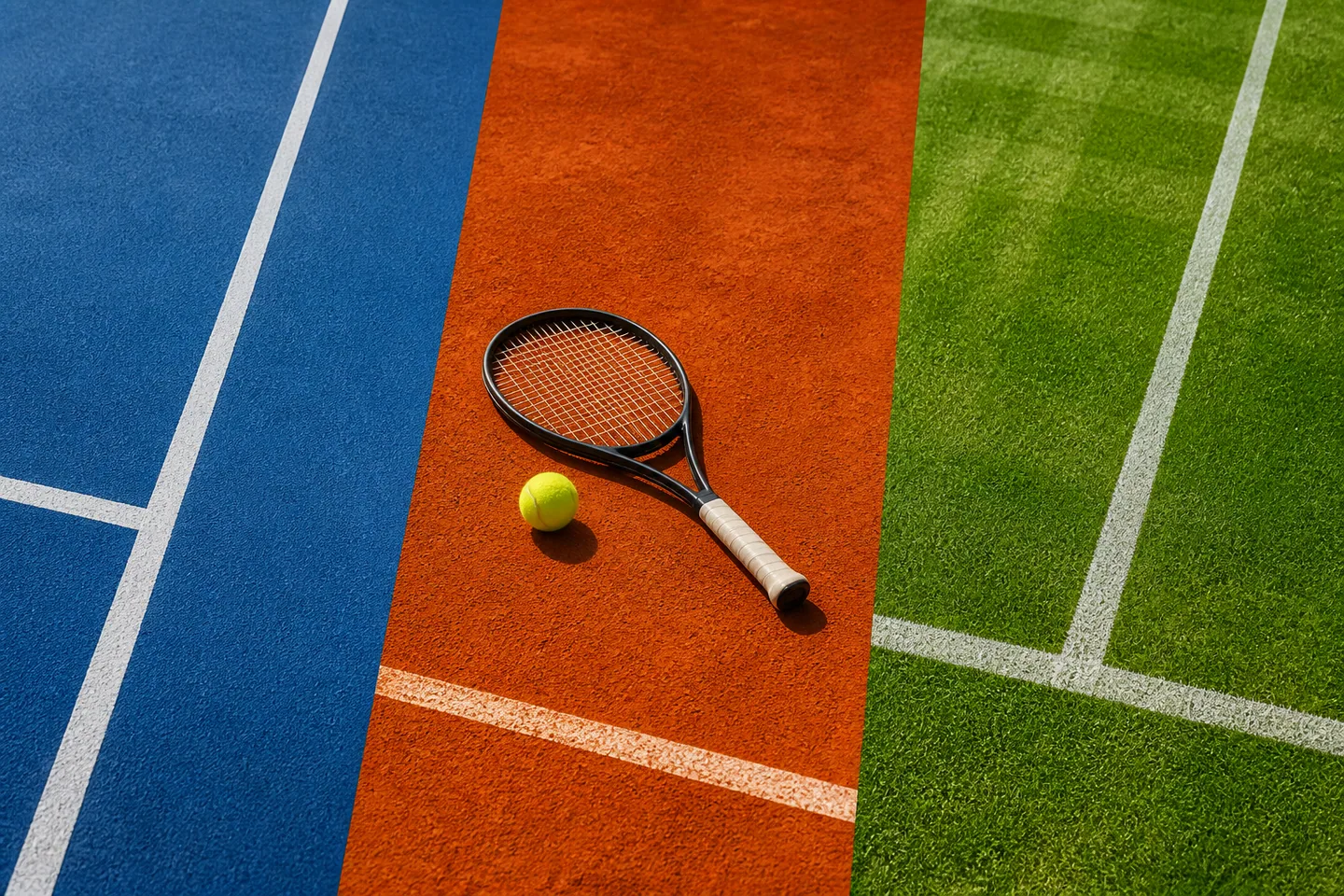 Hard, clay and grass tennis court surfaces shown side by side