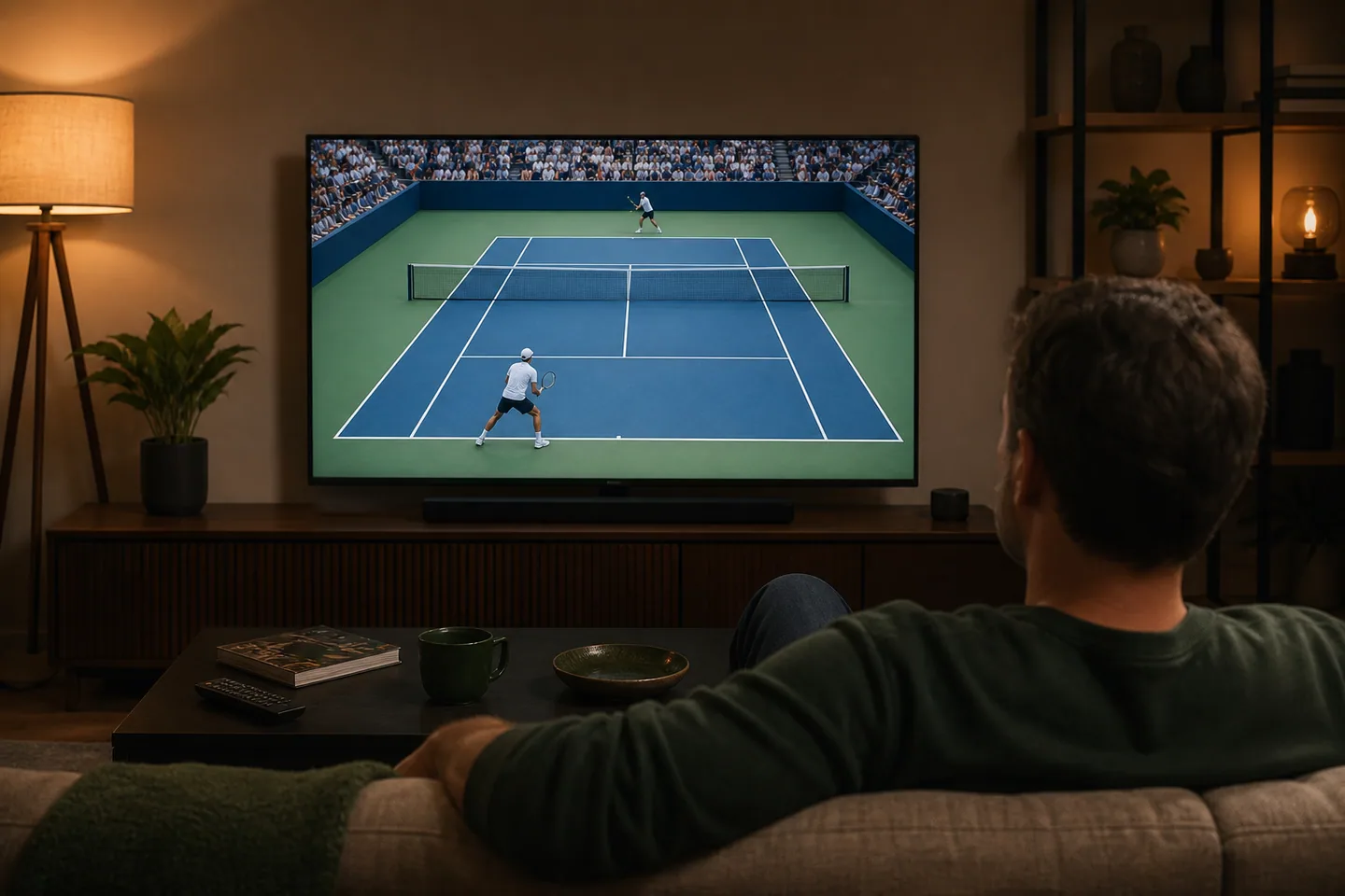 Tennis fan watching a match on television at home