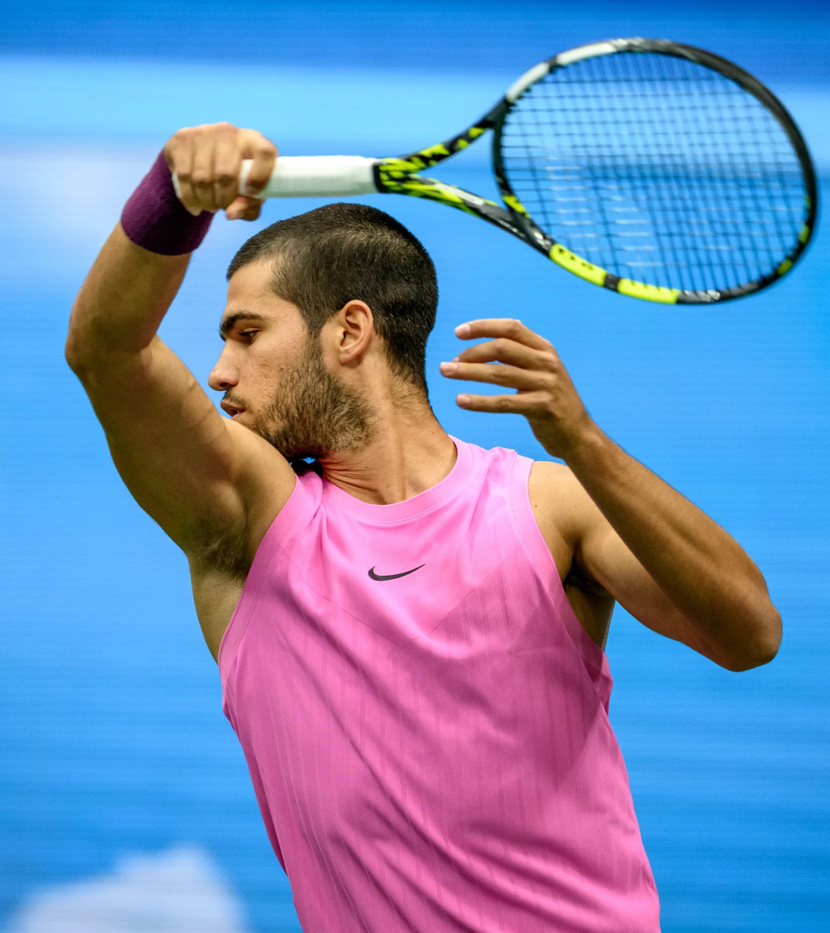 Carlos Alcaraz competing on a hard court during his return to tennis