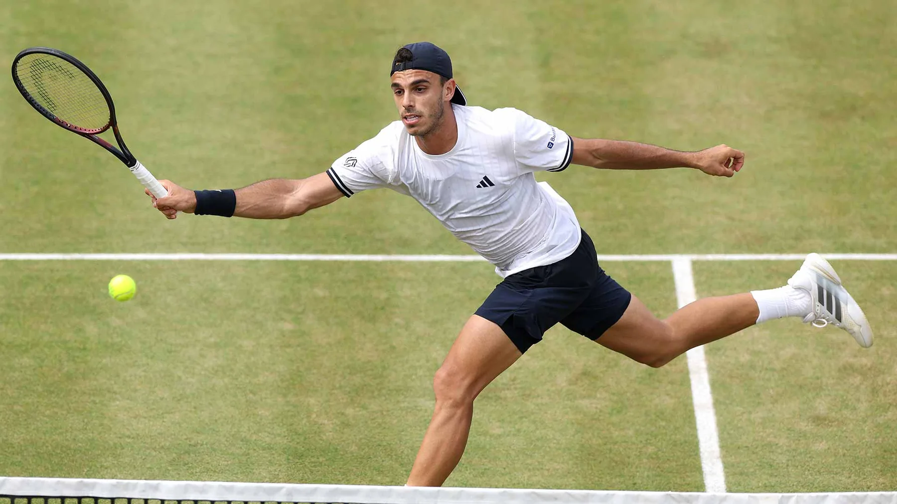 Professional men’s tennis match on a grass court