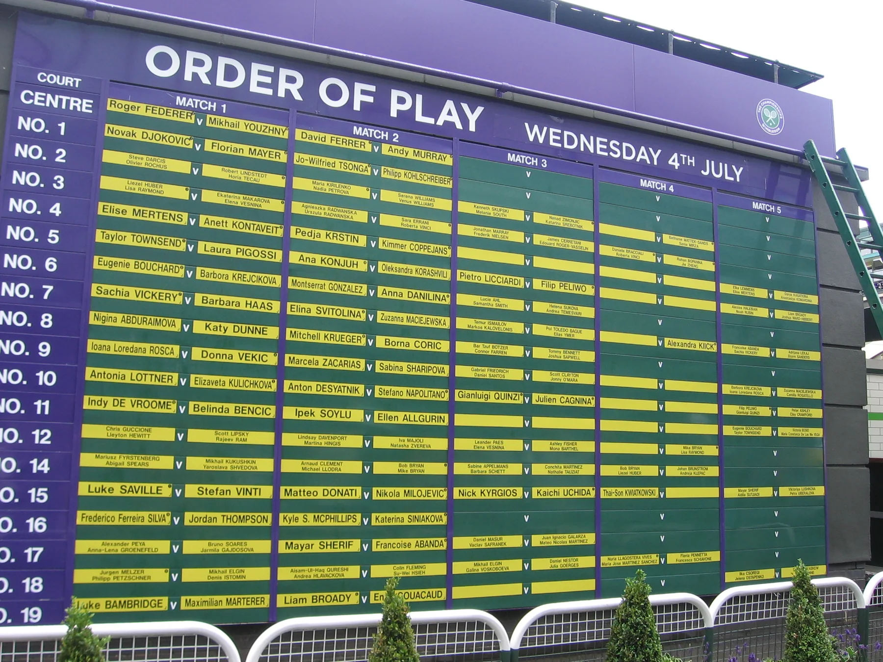 Order of play board at a major tennis tournament