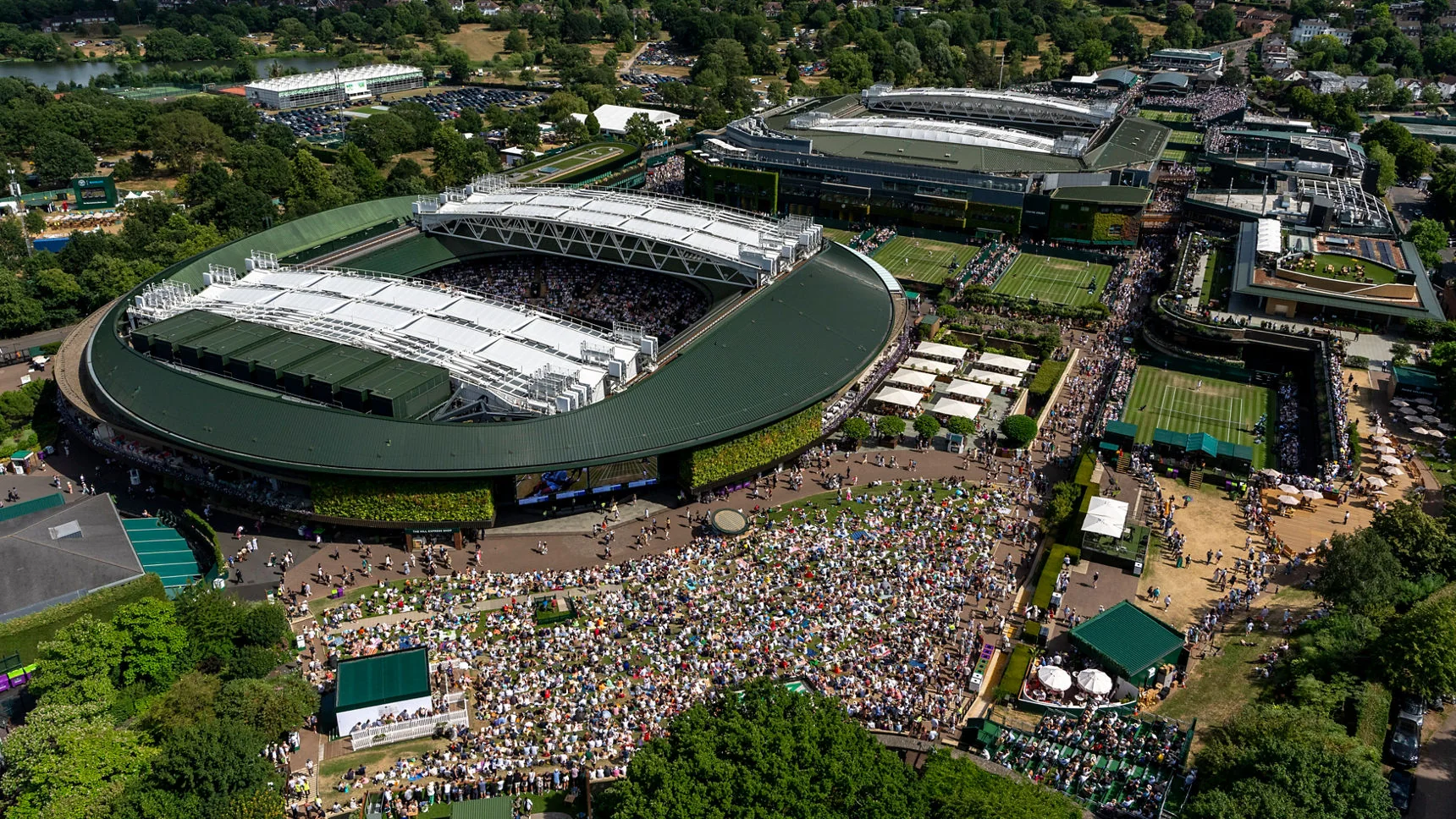 Aerial view of Wimbledon Centre Court and surrounding grass courts