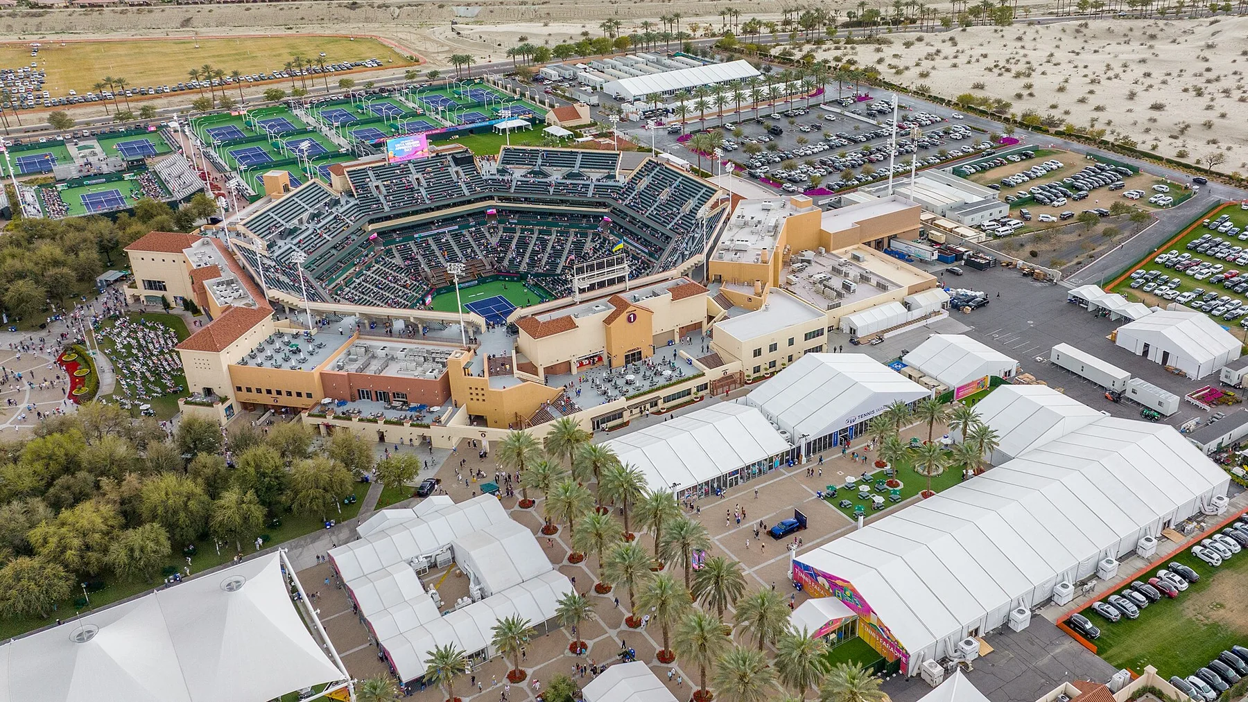 Aerial view of the Indian Wells Tennis Garden during a professional tournament