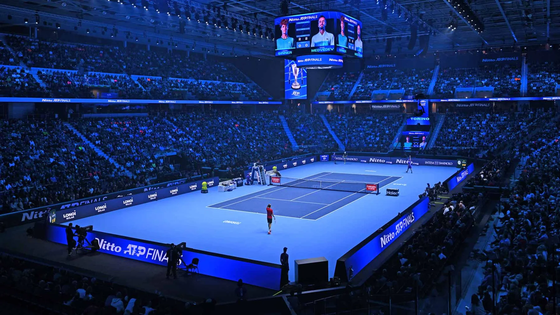 The indoor court and spectator stands prepared for the Nitto ATP Finals in Turin